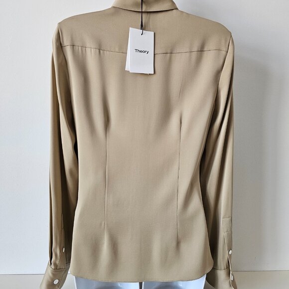 NWT THEORY Taupe Brown Silk Classic Fitted LS Blouse Shirt Top Small - Picture 5 of 7